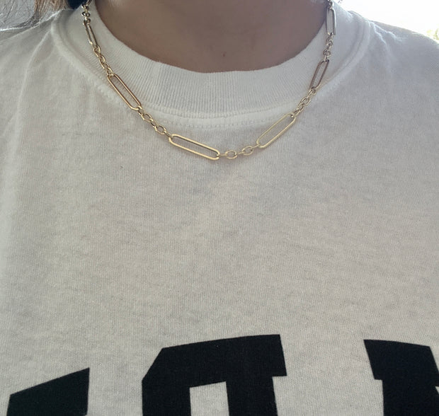 14K Hollow Paperclip + Oval Link Necklace