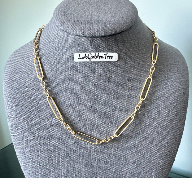 14K Hollow Paperclip + Oval Link Necklace