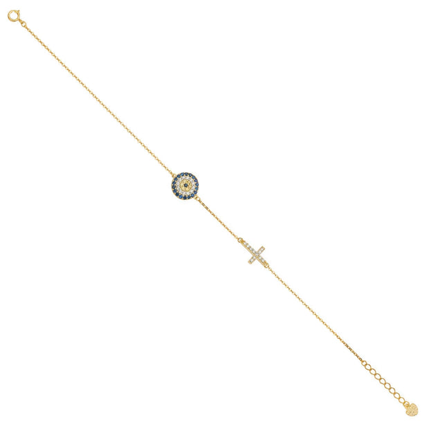 14K Yellow Gold Evil Eye and Floating Cross Bracelet