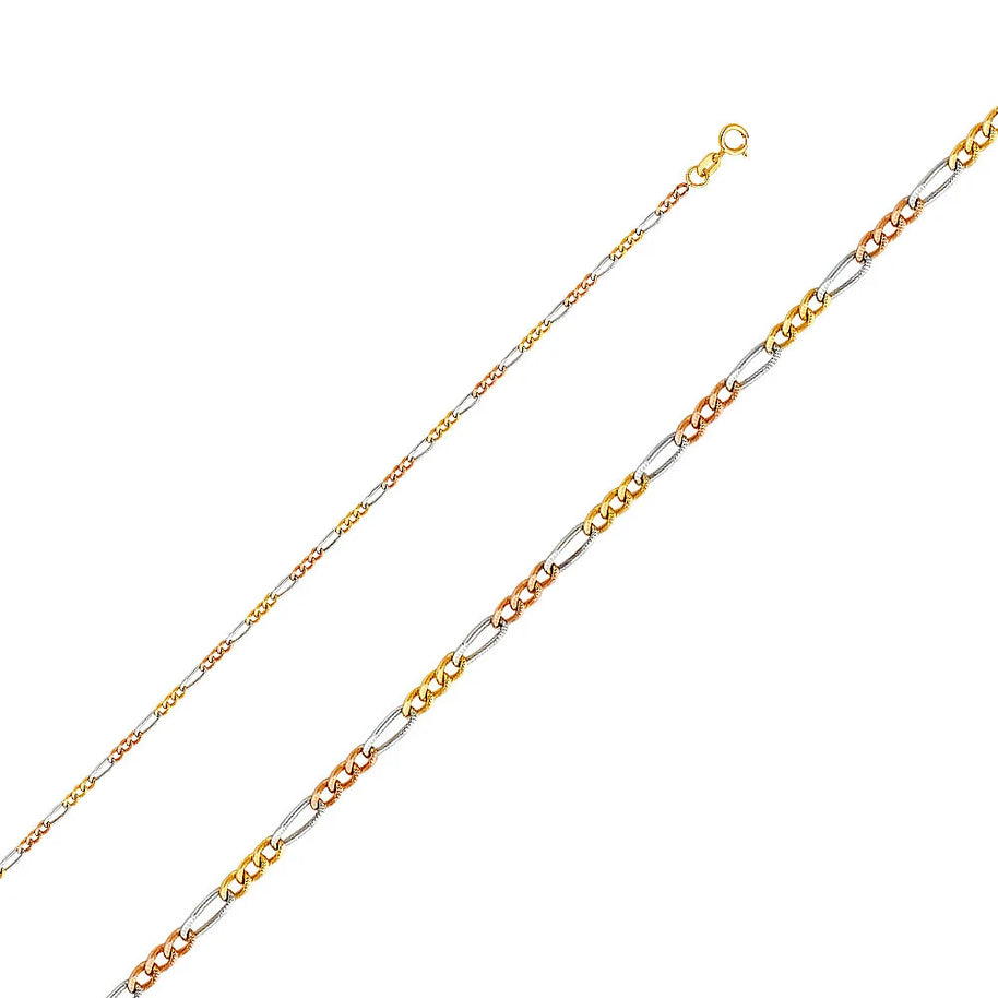 1.5mm 14k Tri Color Gold Figaro 3+1 Concave Chain