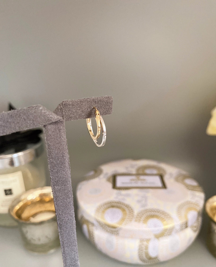 14K Two Tone Gold Polished Petite Double Hoop Earrings