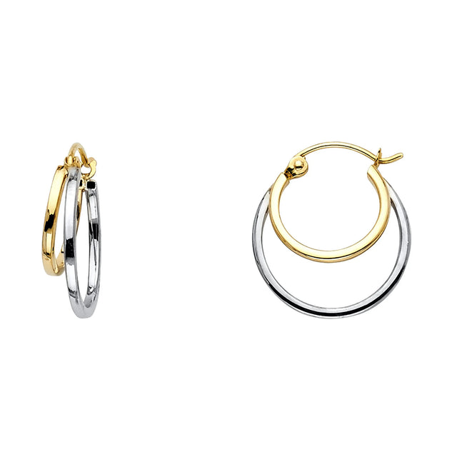 14K Two Tone Gold Polished Petite Double Hoop Earrings