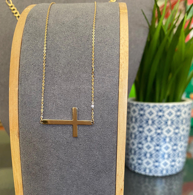 14k Yellow Gold Side Way Cross Necklace